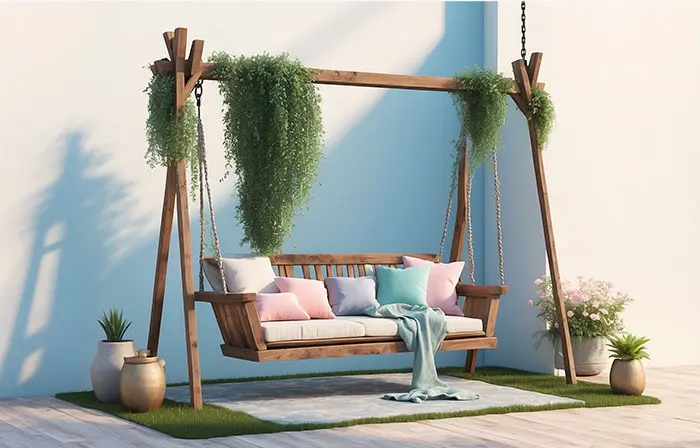 Modern Outdoor Wooden Garden Swing Cartoon Style 3D Picture Illustration